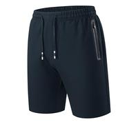 HCSS Mens Shorts Casual Sports Shorts Summer Elasticated Waist with Zip Pockets(Blue-S)