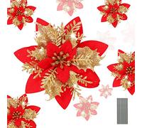 HCSSZ 12pcs Christmas Glitter Artificial Poinsettia Flowers with 12pcs Stems for Wedding Christmas Tree Faux Flowers New Year Ornaments Xmas Garland Wreath Decorations(Red, Gold)