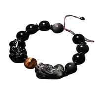 Hcusvcop Lucky Braceletl, Black Obsidian Pixiu Dragon Adjustable Wealth Talisman Reiki Crystal Chakra Quartz(Black Double Pixiu,14mm)