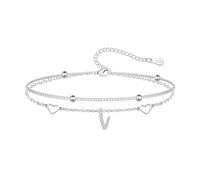 Hcvone S925 Bracelets for Women Girls Silver Heart Initial A-Z Bracelet Layered Bead Bracelets Jewellery For Friends Mum Daughter Sister (V)