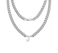 Hcvone Silver Sturdy Cuban Chain Necklace For Men Boys 18'' Length Initial A-Z Letter Necklaces For Dad Son Brother (J)