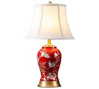 HCZKIUJY 21.6" Handmade Bird Red Table Lamp with Drum Shade,End Ginger Jar Desk Lamp, Asian Ceramic Table Lamp for Living Room Office