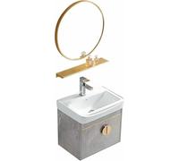 HCZKIUJY Bathroom Vanity Sink Combo Wall Mounted Natural Cabinet Vanity Set Grey Rectangle Ceramic Vessel Sink Top, W/Chrome Faucet, Pop Up Drain glod Mirror (50cm)