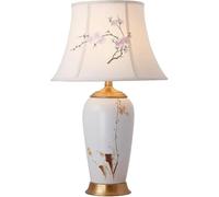 HCZKIUJY Hand-Painted Plum Blossom Bedside Lamp White Ceramic Table American Country Fabric Applique Lampshade Nightstand