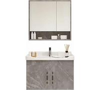 HCZKIUJY Modern Bathroom Vanity Sink Combo Grey Cabinet White Square Ceramic Vessel Sink Pull-Out hot and Cold Faucet Solid Brass Pop Up Drain with Mirror Cabinet (40cm/15.7in)