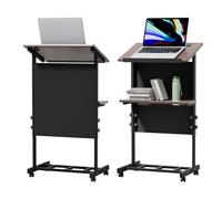 HCZKIUJY Portable Rolling Laptop Stand, Adjustable Height Standing Desk with Storage Shelf & Cup Holder, Mobile Podium for Presentations and Home Office Use (Black)