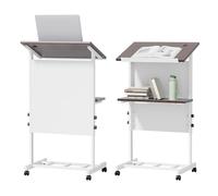 HCZKIUJY Portable Rolling Laptop Stand, Adjustable Height Standing Desk with Storage Shelf & Cup Holder, Mobile Podium for Presentations and Home Office Use (White)
