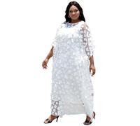 HD Afircan Women Applique Flower Dress Boat Neck Caftan Chiffon Gown One Size, White-flower2, One size