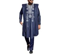 HD African Apparel Agbada Clothing Embroidery Dashiki Shirts and Pants African Men Outfits 3 Pieces, Blue 4XL