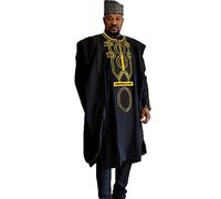 HD African Attire for Man Classic Rhinestone Agbada Suit Broder Boubou Caftan Outfit, Black-13, X-Large