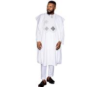 HD African Attire for Man Fashion Rhinestone Agbada Suit Boubou Caftan Pants 3 Pieces Clothes Set, White257, XL