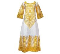 HD African Bazin Riche Rhinestone Long Dress for Woman Gold Embroidery Lace Patchwork Maxi Dresses with Headwrap, White-335, Large