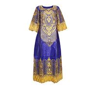 HD African Bazin Riche Woman Rhinestone Long Dress Lace Patchwork Maxi Dresses with Headwrap L - Blue - Large