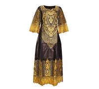 HD African Bazin Riche Woman Rhinestone Long Dress Lace Patchwork Maxi Dresses with Headwrap L - Brown - X-Large