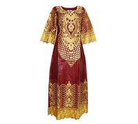 HD African Bazin Riche Woman Rhinestone Long Dress Lace Patchwork Maxi Dresses with Headwrap, Red, 4XL