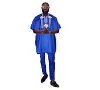 HD African Embroidery Baggy Tubu Shirt and Pants 2 Pieces Outfit Nigerian Mens Clothes Set, Blue72, Large