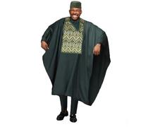 HD African Mens Apparel Agbada Clothing Embroidery Dashiki Shirts and Pants Outfits 3 Pieces, Green-66, Large