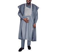 HD African Mens Apparel Agbada Clothing Embroidery Dashiki Shirts and Pants Outfits 3 Pieces, Grey-02, 3XL