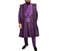 HD African Mens Apparel Agbada Clothing Embroidery Dashiki Shirts and Pants Outfits 3 Pieces, Purple-25, Large