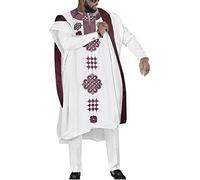 HD African Mens Apparel Agbada Clothing Embroidery Dashiki Shirts and Pants Outfits 3 Pieces, White-73, XL