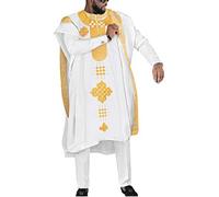HD African Mens Apparel Agbada Clothing Embroidery Dashiki Shirts and Pants Outfits 3 Pieces, White-g, 3XL