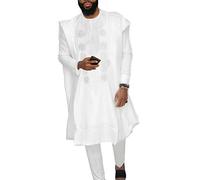 HD African Mens Apparel Agbada Clothing Embroidery Dashiki Shirts and Pants Outfits 3 Pieces - white - XL