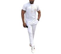 HD African Parent-Child Clothes Set Mens Embroidery Dashiki Outfit 2 Pieces Shirt and Pants Short Sleeves, White39, 4XL