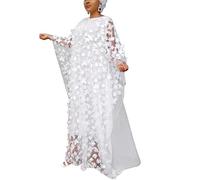 HD African Women Applique Flower Dress Boat Neck Chiffon Kaftan Dress One Size, White, One Size