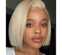 HD Lace Front Bob Wig, Straight Human Hair, Multiple Colours Available - Purple, Green, Burgundy, Black, 30 cm Length (Blonde, 10inches)