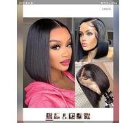 HD Lace Front Bob Wig, Straight Human Hair, Multiple Colours Available - Purple, Green, Burgundy, Black, 30 cm Length (Black, 10inches)