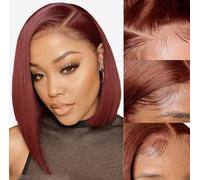 HD Lace Front Bob Wig, Straight Human Hair, Multiple Colours Available - Purple, Green, Burgundy, Black, 30 cm Length (Burgundy, 10inches)