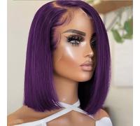 HD Lace Front Bob Wig, Straight Human Hair, Multiple Colours Available - Purple, Green, Burgundy, Black, 30 cm Length (Purple, 12inches)