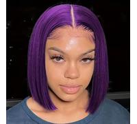 HD Lace Front Bob Wig, Straight Human Hair, Multiple Colours Available - Purple, Green, Burgundy, Black, 30 cm Length (Purple, 14inches)