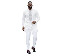 HD Men's African Clothes Embroidery Dashiki Long Sleeves All White Shirt and Pants Set