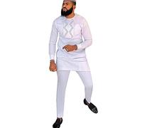 HD Men's African Clothes Embroidery Dashiki Long Sleeves White Shirt and Pants Set, All White, XXL