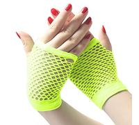 HD Novelty Fingerless Fishnet Gloves Diva Women Black 80s Retro Vintage Nylon Stretchy Mesh Gloves for Kids Girls Dance Disco Costume Parties Supplies Accessories (Neon Yellow)