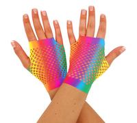 HD Novelty Fingerless Fishnet Gloves Diva Women Black 80s Retro Vintage Nylon Stretchy Mesh Gloves for Kids Girls Dance Disco Costume Parties Supplies Accessories (Rainbow)