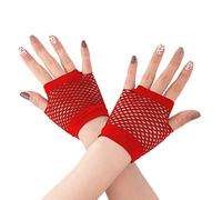 HD Novelty Fingerless Fishnet Gloves Diva Women Black 80s Retro Vintage Nylon Stretchy Mesh Gloves for Kids Girls Dance Disco Costume Parties Supplies Accessories (Red)