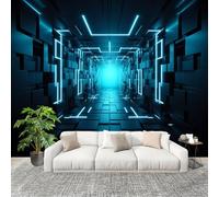 HD Printed Large Wall Mural 200x140 cm Technology 3D Geometry Space Eamless Splicing Photo Wallpaper, Peel & Stick Non-Overlapping Blue Removable Residue-Free Waterproof Wall Stickers