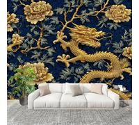 HD Printed Large Wall Mural 300x210 cm Chinese Style Peony Golden Dragon Eamless Splicing Photo Wallpaper, Peel & Stick Non-Overlapping Blue Removable Residue-Free Waterproof Wall Stickers