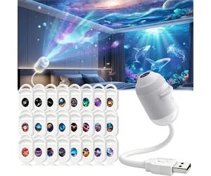 HD Smart Dynamic 5D Holographic Night Light Projector, 2-in-1 Galaxy Star Projector Light with 3/6/12/24 Sliding Projection Films, Plug-and-Play, 360° Adjustable, USB Powered，White：24 Films