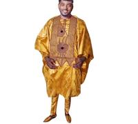 HD Traditional African Clothing for Men Nigerian Man's Agbada Embroidery Bazin Boubou Outfit, Gold-335, 3XL