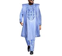 HD Traditional African Clothing for Men Nigerian Man's Agbada Embroidery Bazin Rhiche Boubou Dashiki Outfit, Blue-69, XX-Large