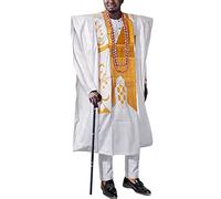 HD Traditional African Clothing for Men Nigerian Man's Agbada Embroidery Bazin Rhiche Boubou Dashiki Outfit, White-72, XXXL