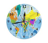 Hdadwy World Map Clock Geography Global Map Country Ocean Mountains Round Wall Clock 10 Inch Silent Non Ticking Hanging Clock for Home Decor Living Room Kitchen Bedroom Office Blue