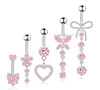 HDAKDDHG 5pcs Belly Button Bars Sterling Silver, Belly Bars Sterling Silver, Dangly Belly Button Bars, Belly Button Piercing Jewellery for Women Girls (Pink)