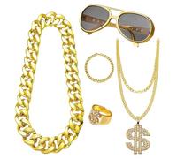 HDAKDDHG 5Pcs Hip Hop Costume, 80s 90s Hip Hop Fancy Dress, Fake Dollar Sign Necklace, Gold Chain Fancy Dress, Rapper Costume Rapper Accessories for Women Men Party Supplies