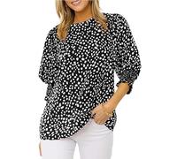 HDAKDDHG Womens 3/4 Sleeve Round Neck Pleated Blouse, Casual Tunic Tops for Office Wear, Curved Hem, Lightweight Chiffon Shirt-M Black