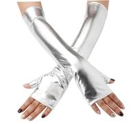 HDBHSBE Long Fingerless Gloves for Women 1 Pair Metallic Silver Long Fingerless Gloves 18 Inch Polyester Arm Warmers Trendy Exquisite Arm for Dancing Party, HalloweenLong for Women