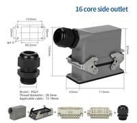 HDC-HE-016 Heavy Duty Power Connector 16 Core Insert Screw Cable 16A 500V Top/Side Hood HE16 Industrial Waterproof Socket(Side Entry)